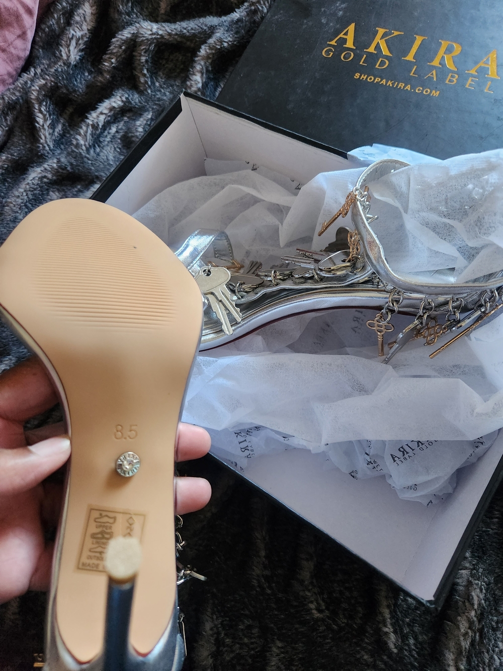 AKIRA Silver Key Charm Stiletto Sandals - Picture 3 of 5